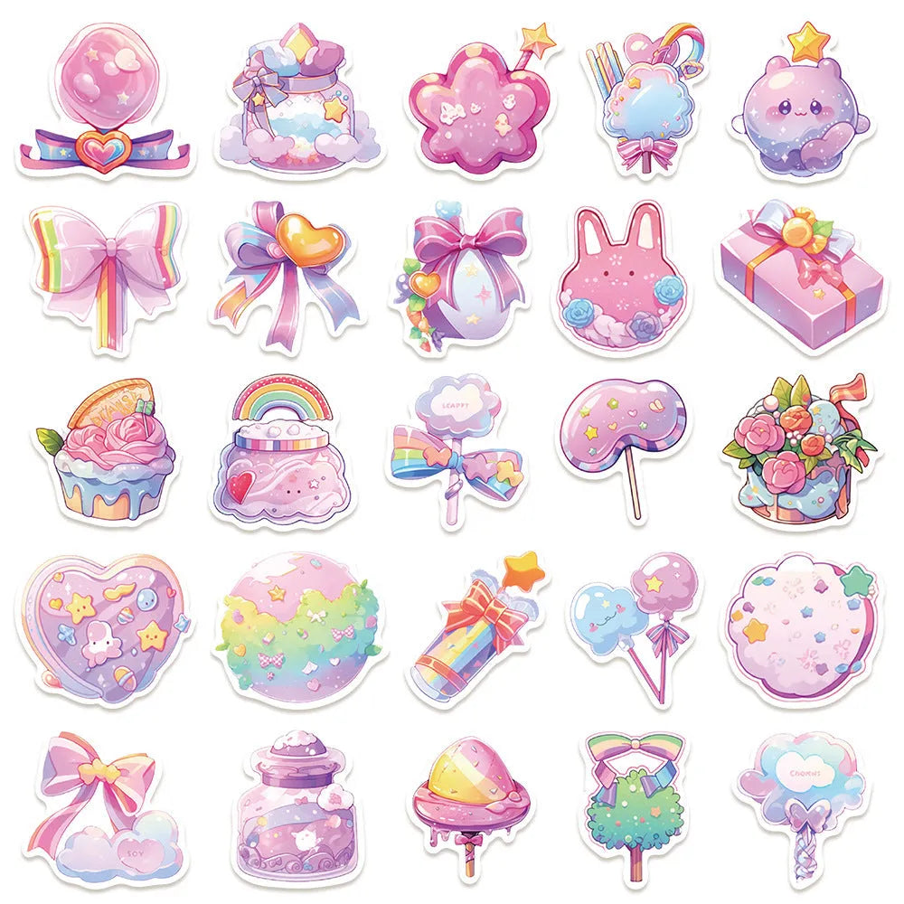 Pack of 50 colourful candy-themed waterproof decorative stickers on sheets.