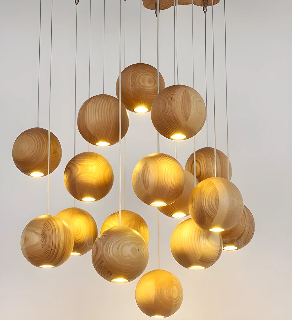 Nordic solid wood ball chandelier with adjustable height hanging cord