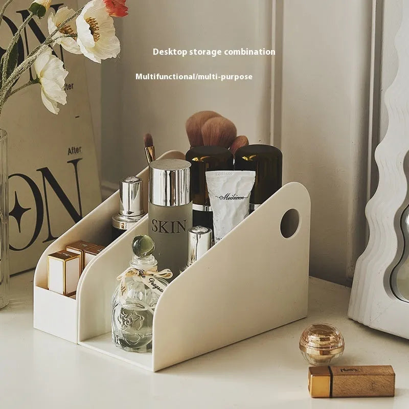Plastic desktop storage box with two grid layers in ivory white colour