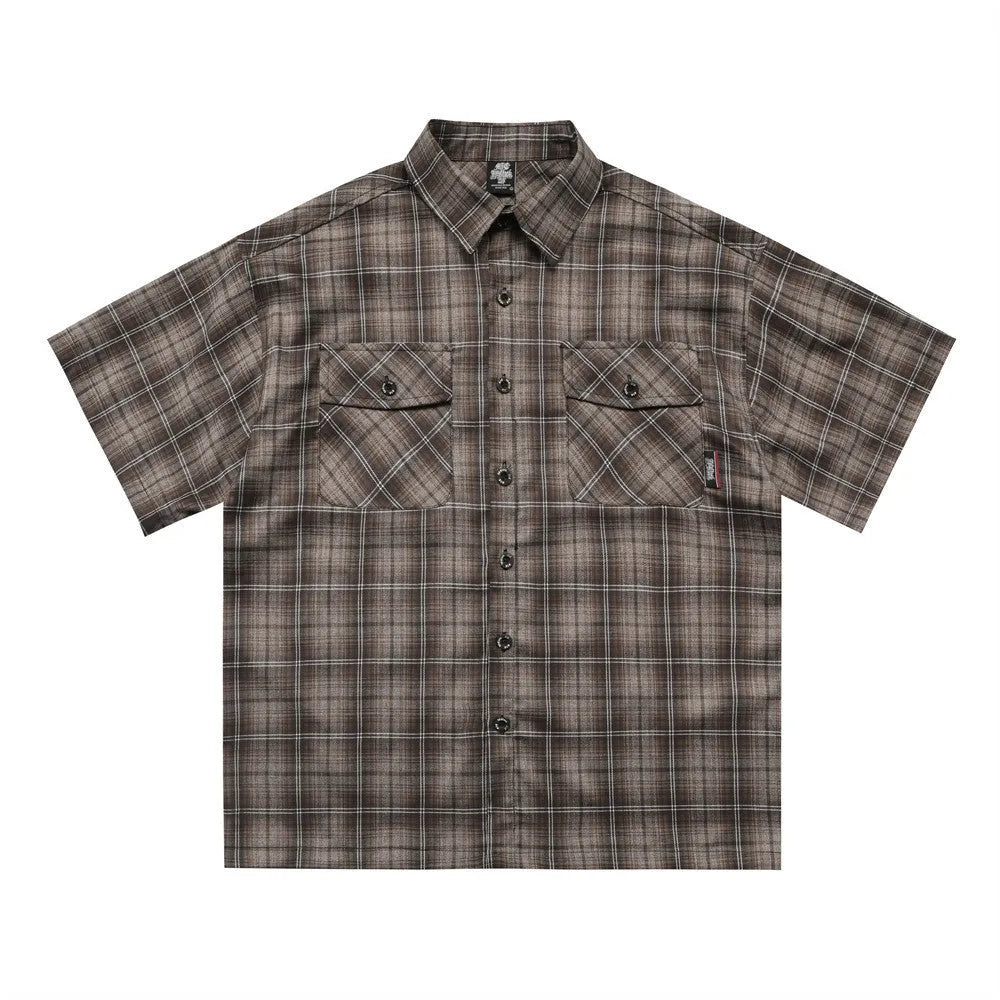 Men's black and brown plaid short sleeve shirt with embroidered letter on lapel