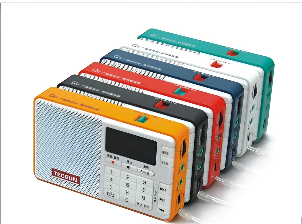 Tecsun Q3 digital audio player in multiple colours showing front with speaker and control buttons.