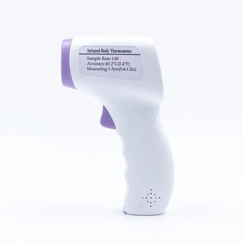 White digital non-contact thermometer with wall mount hardware.
