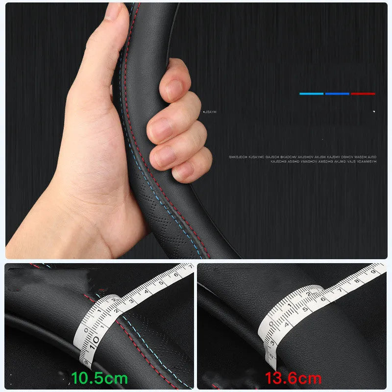 Black universal car steering wheel cover with two-colour line and Napa leather texture, 38cm diameter for Suzuki vehicles