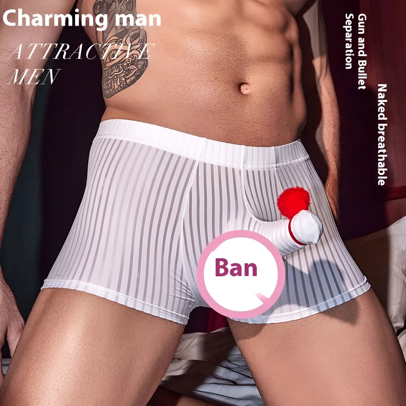 Men's black striped boxer briefs made from high elastic nylon fabric.
