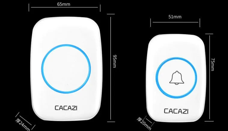 Wireless doorbell receiver and push button transmitter in black and white finishes.