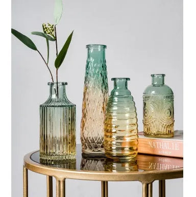 Electroplated colourful glass vase with thicker bottom, 7cm wide 22cm tall, on table