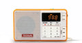 Tecsun Q3 digital audio player in multiple colours showing front with speaker and control buttons.