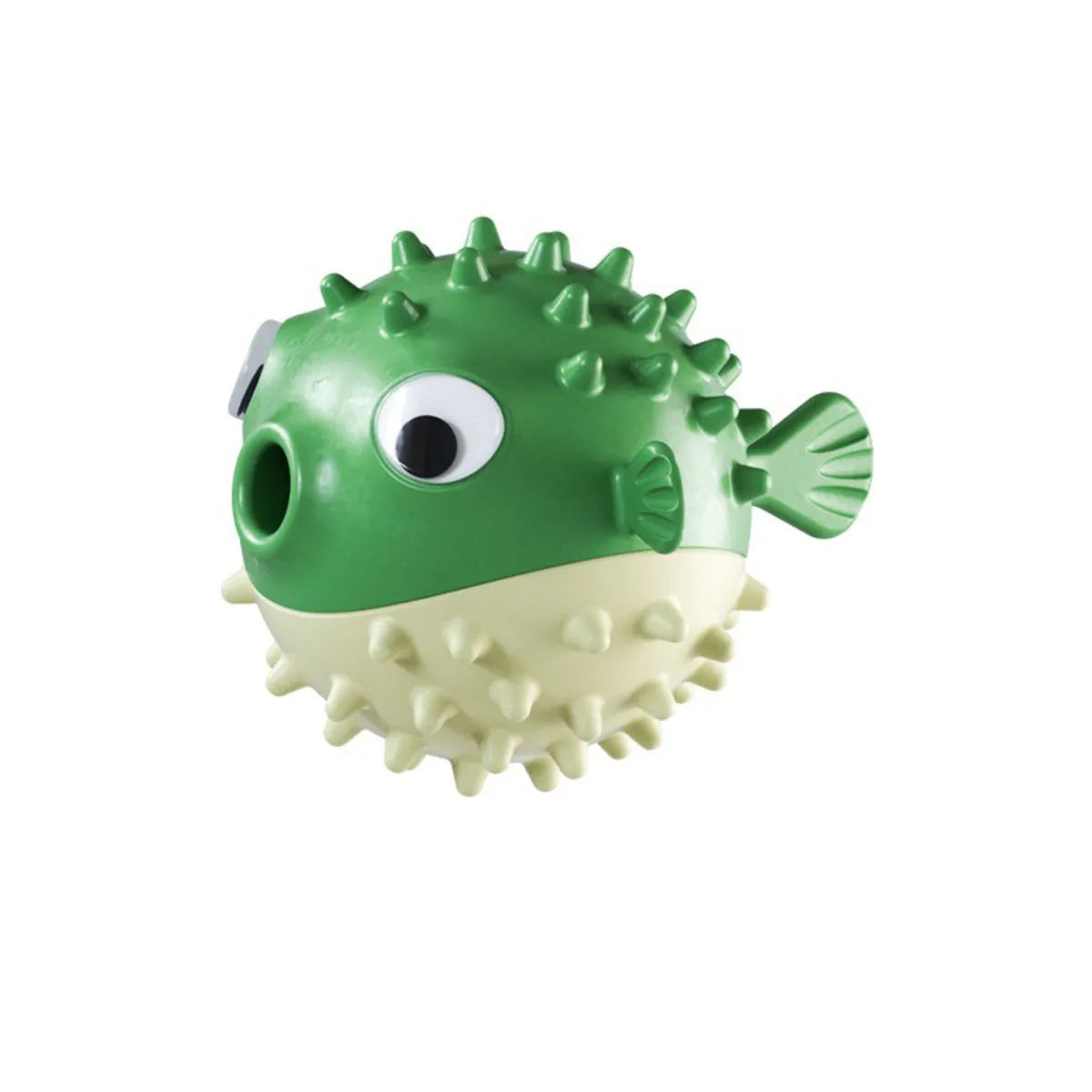 Yellow fish-shaped durable vinyl dog chew toy with textured surface for teeth cleaning.
