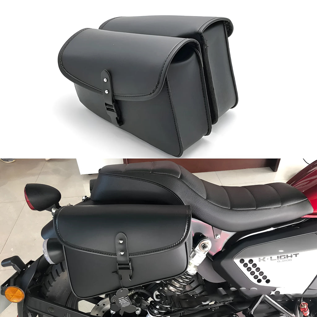 Black PU leather motorcycle swingarm saddlebag mounted on a Harley Sportster side.
