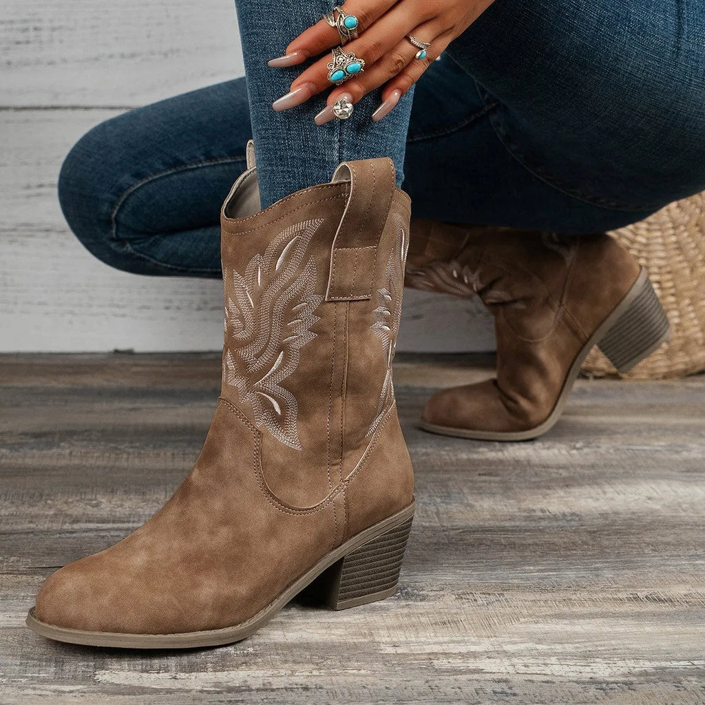 V cut embroidered suede women's boots in camel colour with mid heel and pointed toe