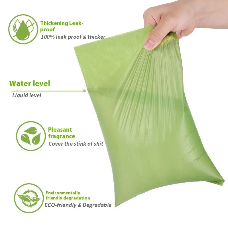 Rolls of green and black EPI degradable thickening pet waste bags with a dispenser.