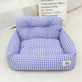 Blue plaid and grey cloth pet travel nests for cars in small and large sizes.