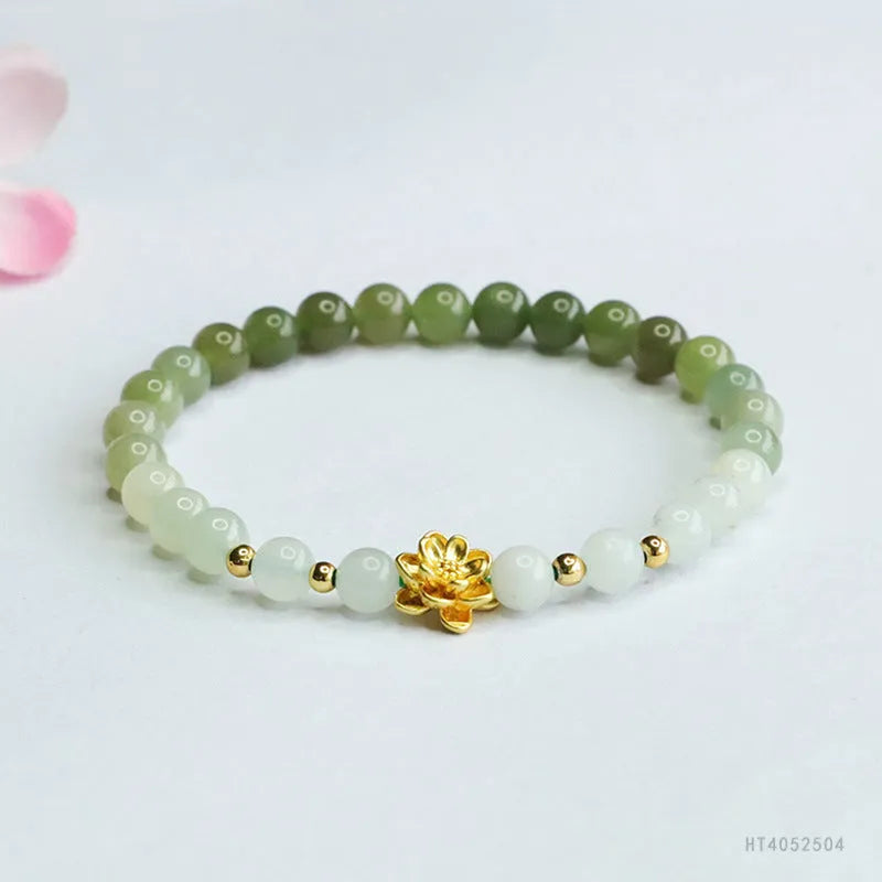 Hand-woven ancient style Hetian jade bracelet with water gradient colours and flower design