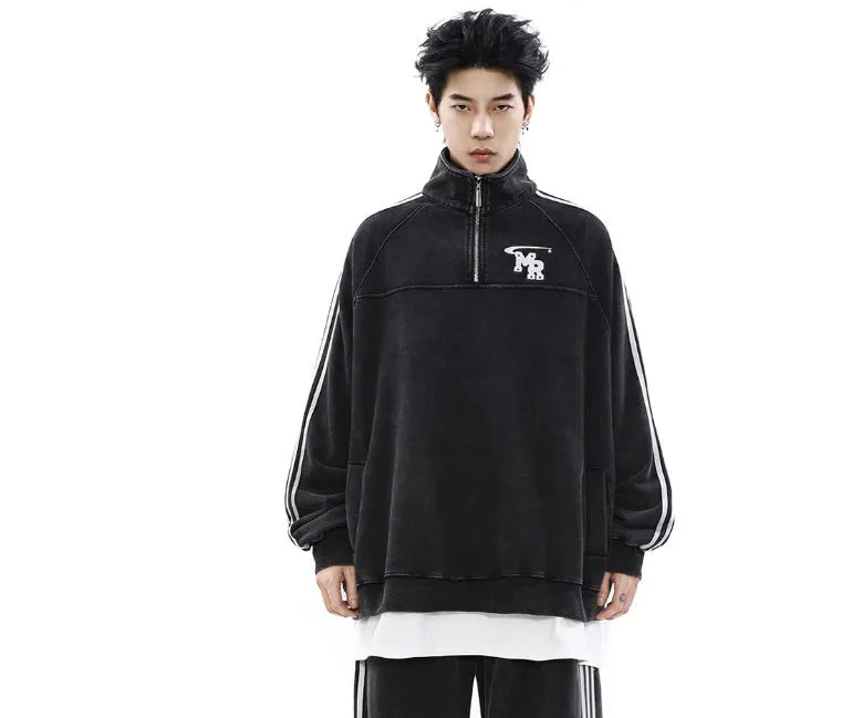 Black American retro stand collar long sleeve couple hoodie made from polyester fabric.