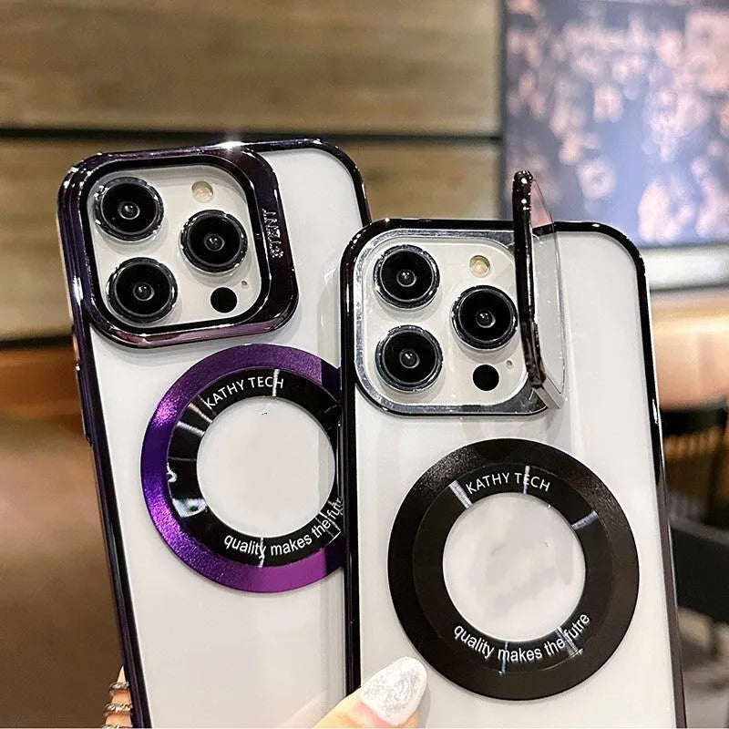 iPhone magnetic leakage label mobile phone case in PC electroplated construction showing heat dissipation and protective features