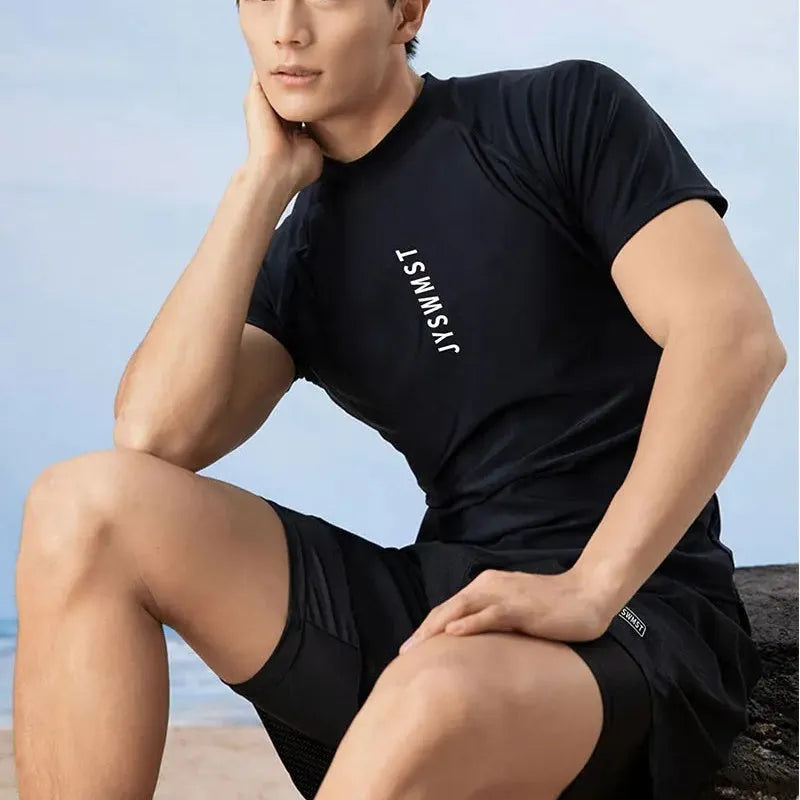 Men's polyester swimsuit set with top and pants in plus sizes M to 4XL