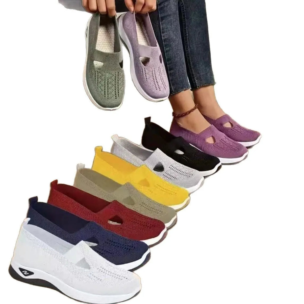 Women's casual mesh shoes with T-strap in various colours showing round toe and flat heel design