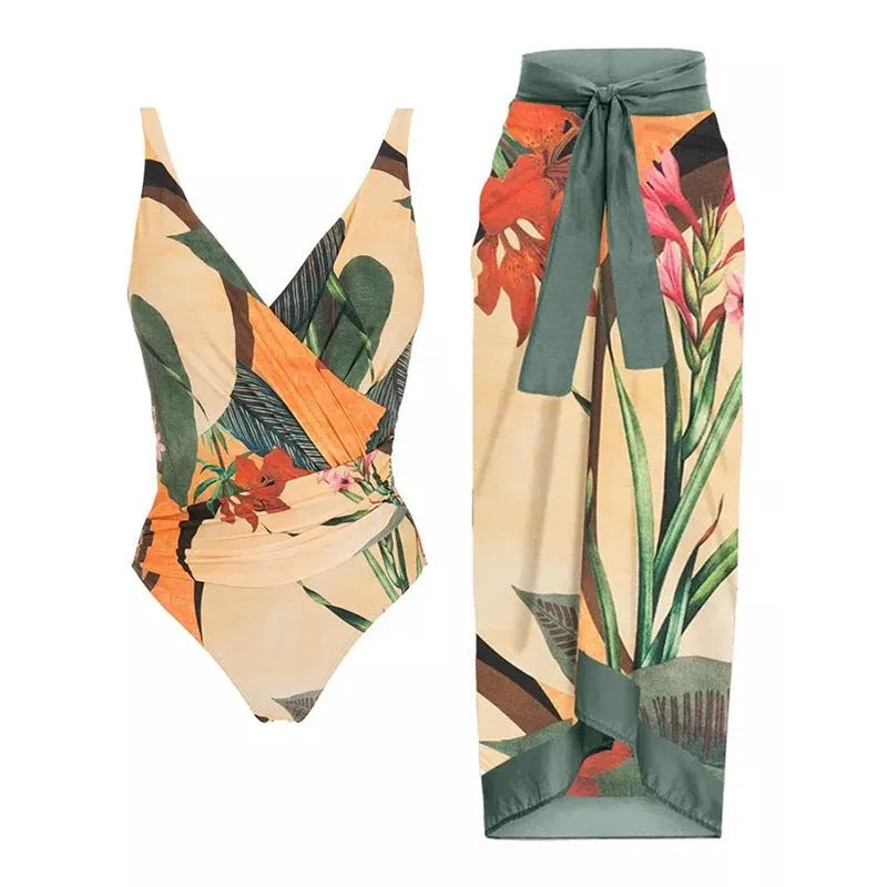 Women's solid colour one-piece swimsuit with spaghetti straps and a matching detachable skirt.