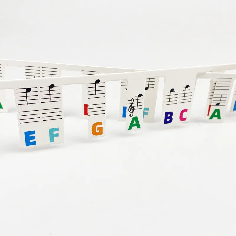 Set of white cardboard piano keyboard stickers showing colour note bars and black note labels for 88 keys.