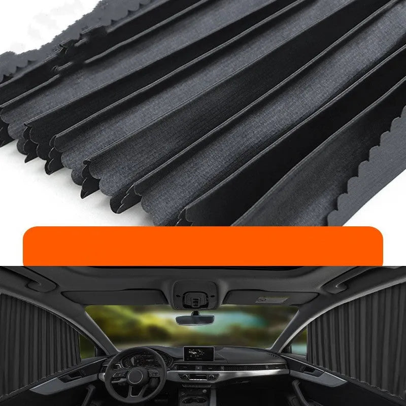 Auto-retractable roller shutter car sunshade curtain in thick opaque cloth.