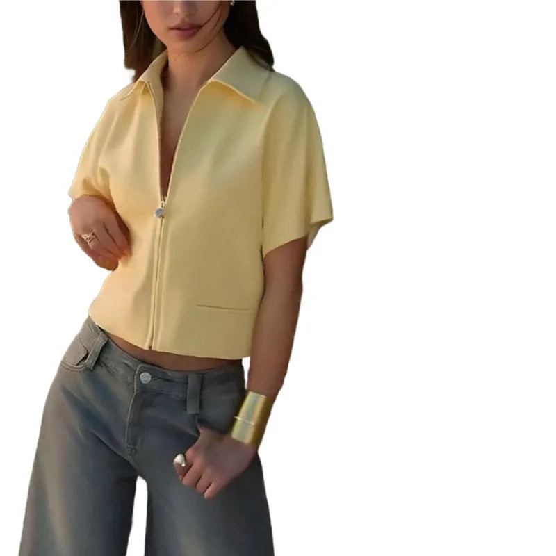Women's loose fit casual polyester top in white, black, or yellow with short sleeves and Asian sizing options