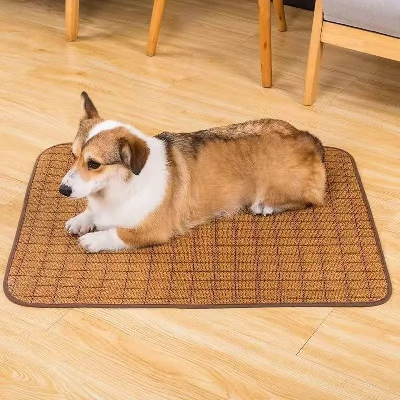 Brown woven rattan fibre dog cooling mat for summer, shown in a large size.