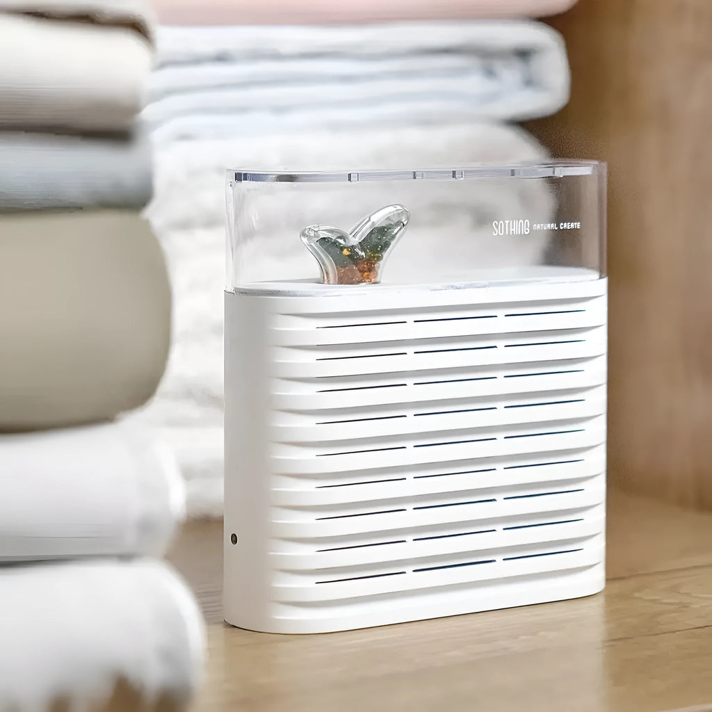White reusable cabinet dehumidifier box with transparent top showing colour-changing silica gel beads