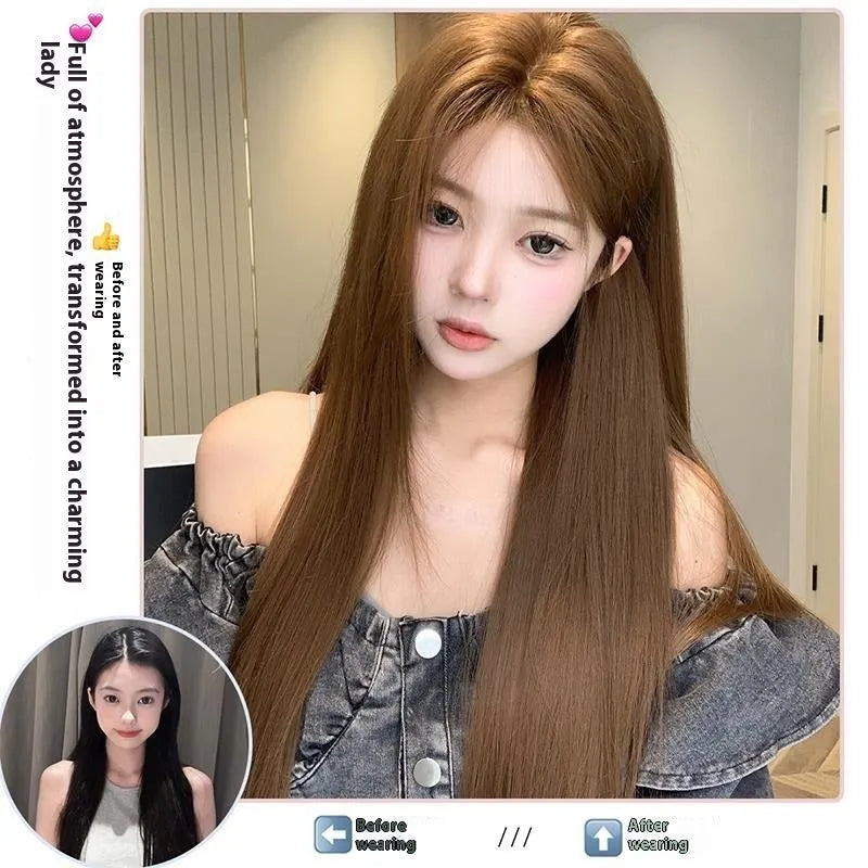 Long straight warm brown lace front wig with centre-parted bangs and forehead lace