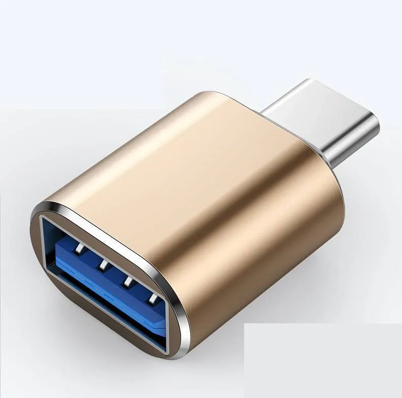 USB-C to USB-A OTG adapter in black, silver, and gold colour variants for connecting devices to smartphones.