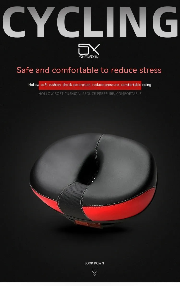 Thickened plus size mountain bike saddle in red with hot stamping pattern and reflective stitching