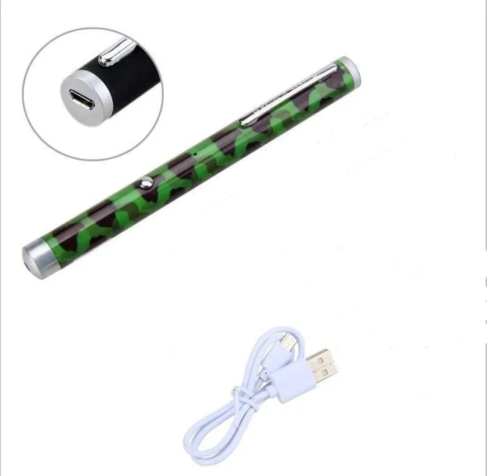 Set of three green laser pointer pens in black, camouflage, and white colours on a desk.