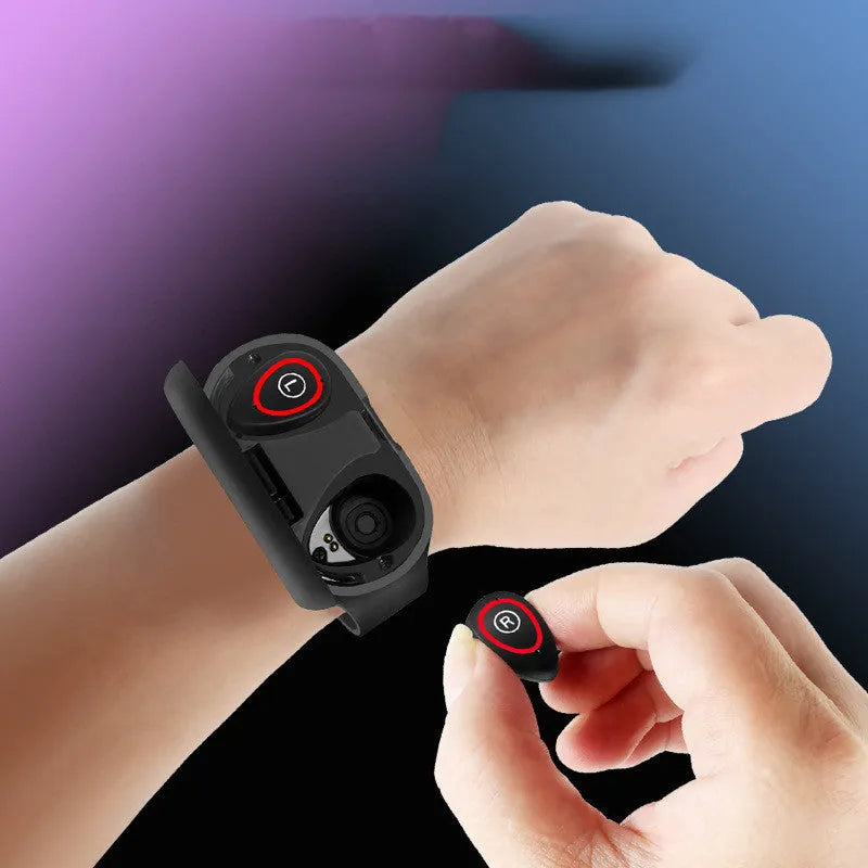 Blue smart bracelet earphone combo wearable device with silicone wristband and 1-inch screen display