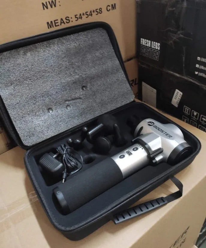 Black and white percussion muscle massage gun with adjustable speed settings