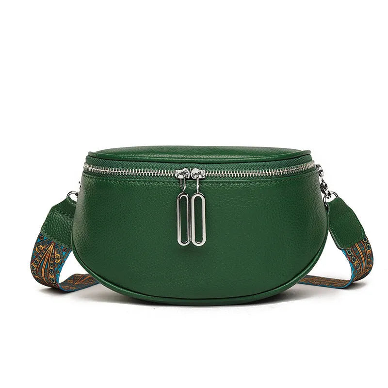 Women's soft black leather saddle-shaped crossbody messenger bag with a zip pocket.