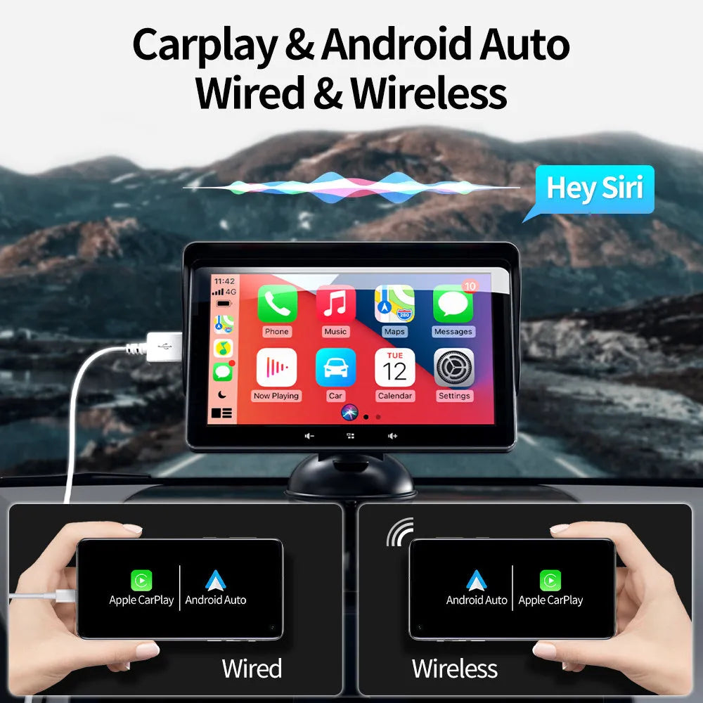 7 inch wireless CarPlay car display with astern video on windscreen mounting