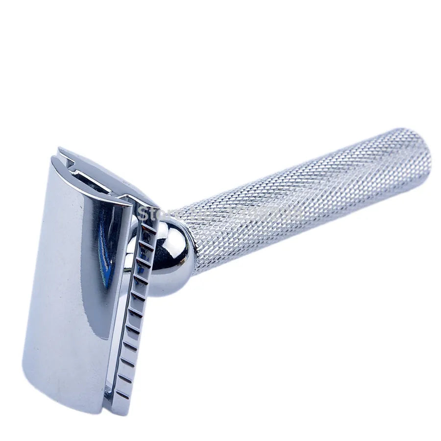 CSB men's shaving set with chrome double edge razor, badger hair brush on stand, zinc soap bowl, and blades in black box.