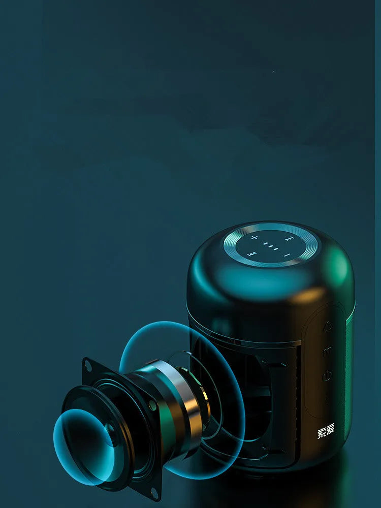 Black portable Bluetooth speaker showing front grill and controls.