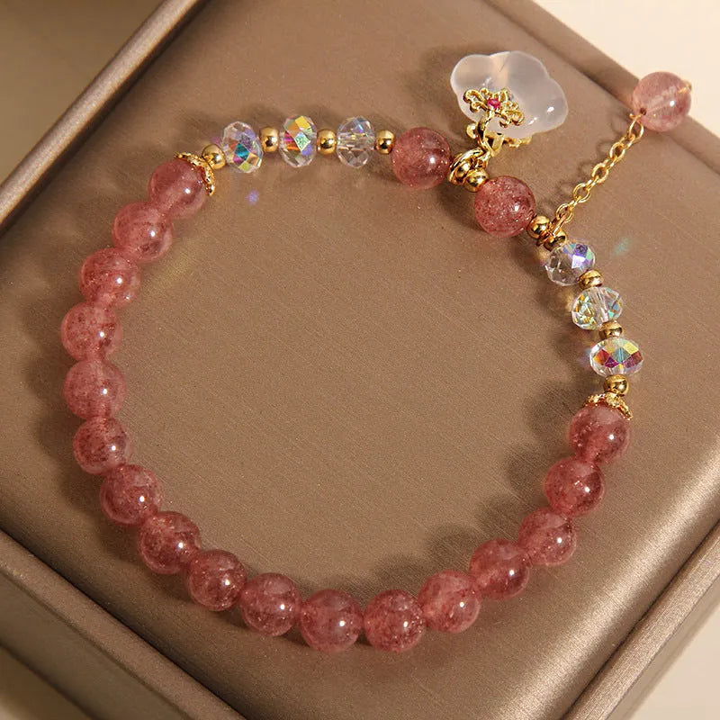 Women's adjustable strawberry quartz and white agate crystal bracelet with auspicious clouds pattern
