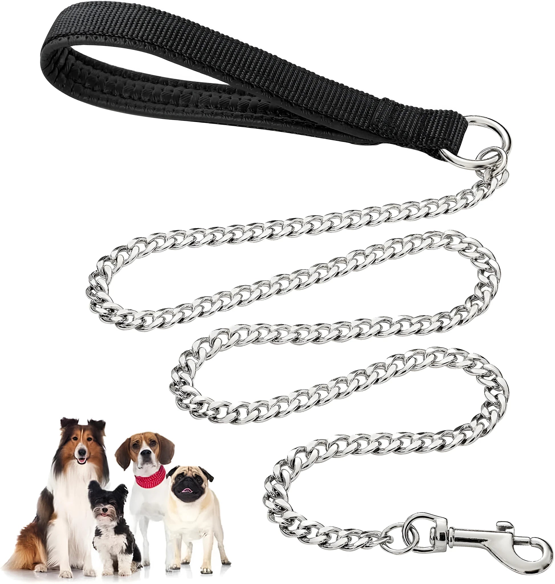 Heavy duty metal dog leash chain with soft black padded handle, shown in red colour.
