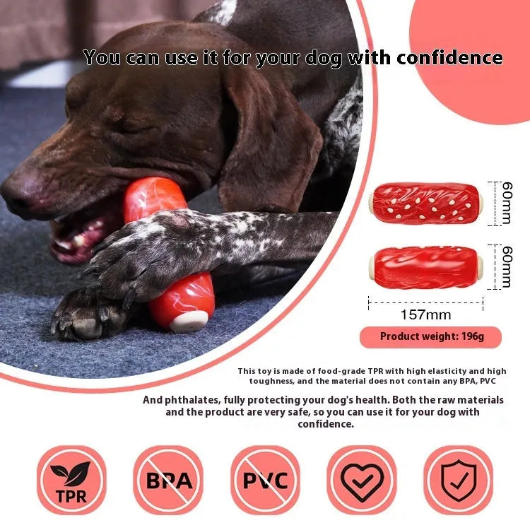 Primary colour plastic dog chew toy shaped like a rod with a glue toothbrush snack design.