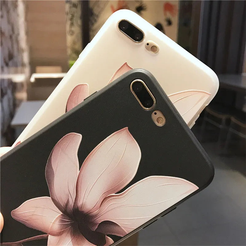 Black and white embossed floral design TPU back cover case for various iPhone models.