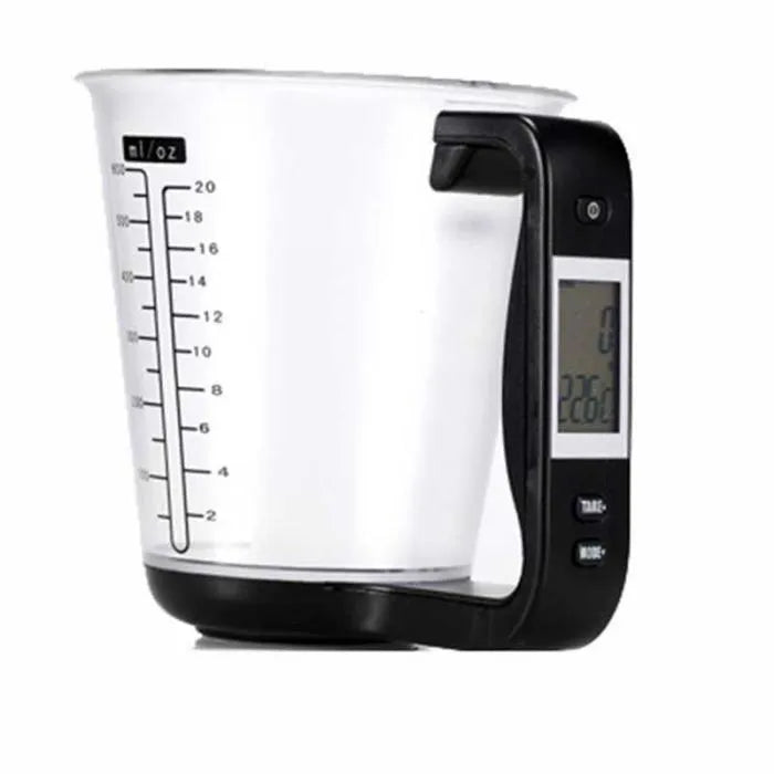 Green digital kitchen measuring cup scale with LCD display in handle