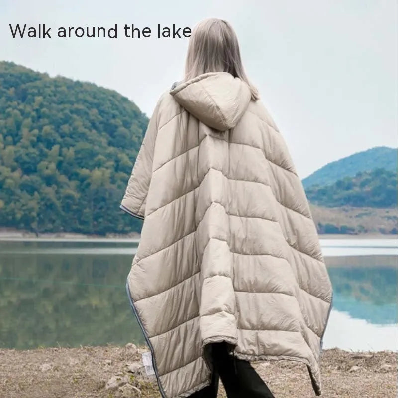 Adult outdoor cloak sleeping bag in Army Green or Gray, shown as wearable cape and laid flat as 200x140cm blanket