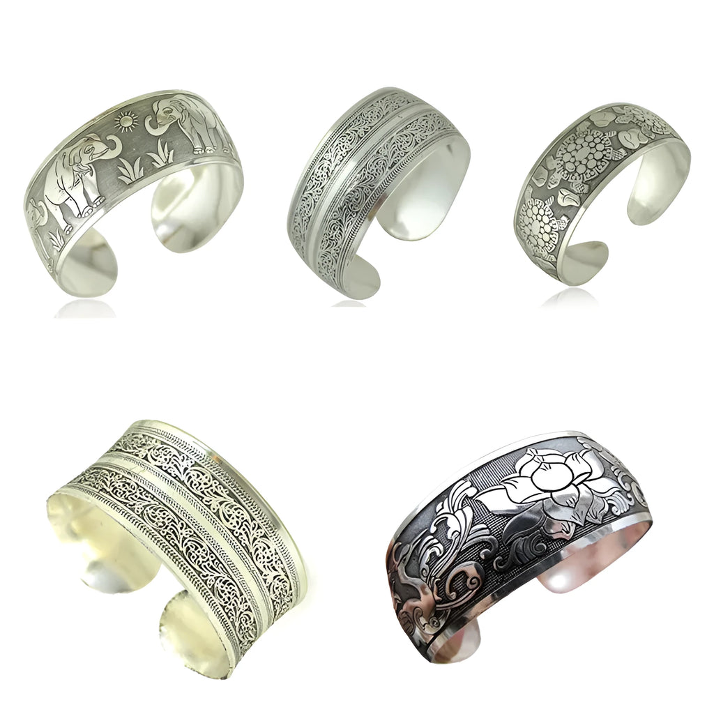 Ethnic carved open bracelet with Miao silver style in turtle colour showing Roman-inspired shape