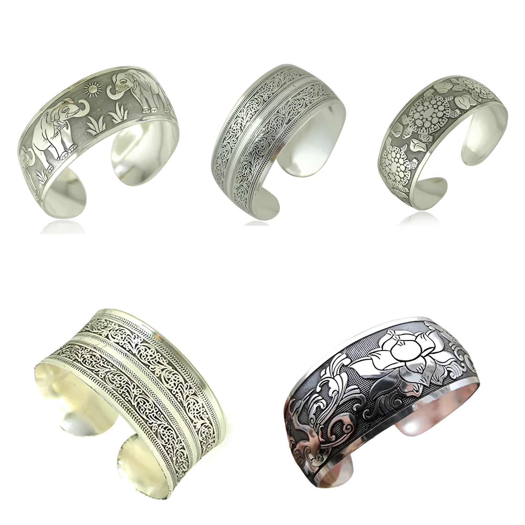 Ethnic carved open bracelet with Miao silver style in turtle colour showing Roman-inspired shape