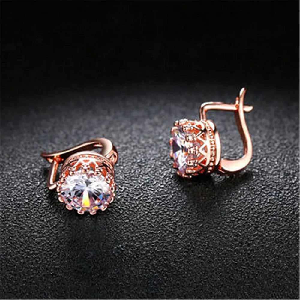 Korean retro crown ear clip earrings in rose gold or white gold finish with white diamond crystals