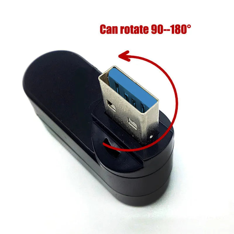 Black USB rotary splitter hub with four ports and swivel design on white background