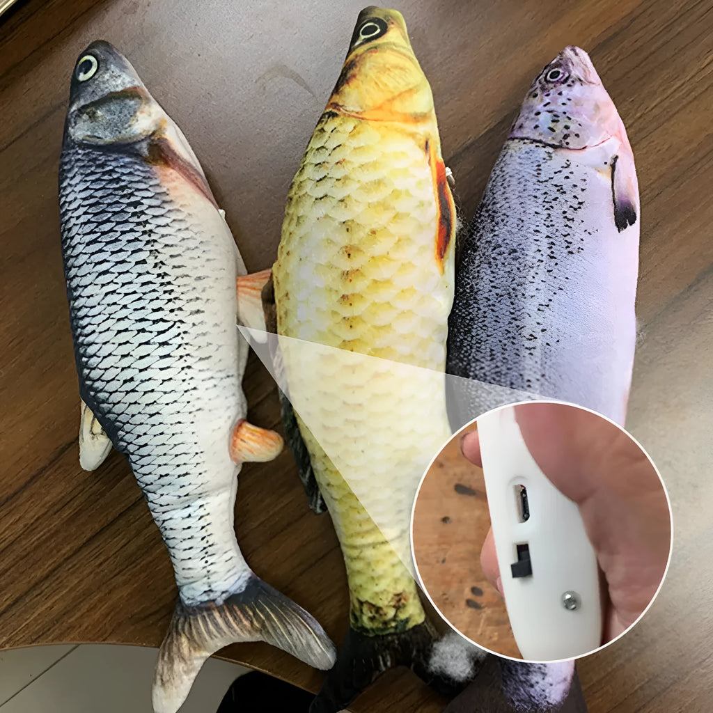USB-rechargeable electric jumping fish cat toy in multicolour, measuring 30cm.