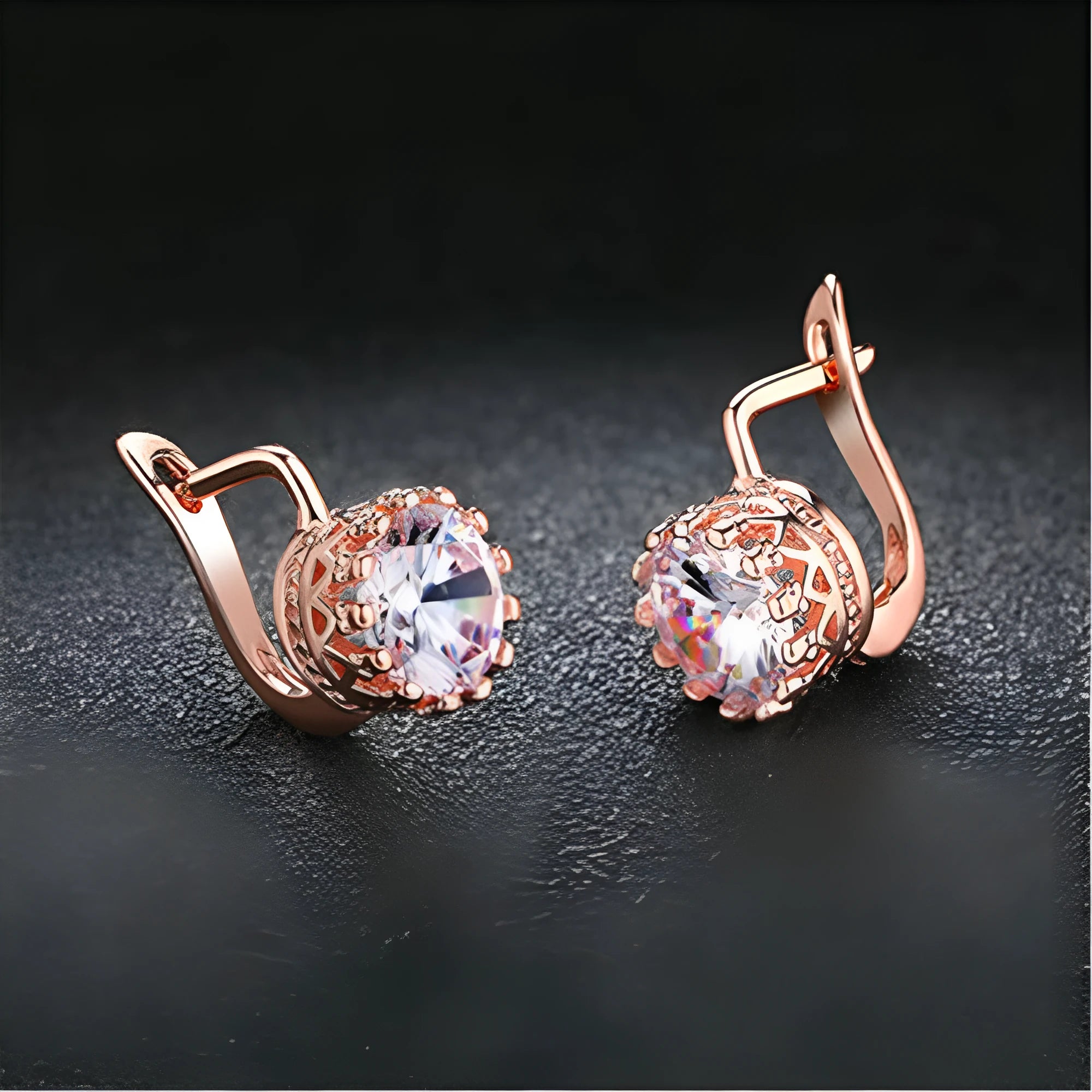 Korean retro crown ear clip earrings in rose gold or white gold finish with white diamond crystals