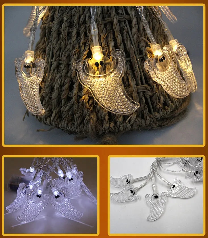 Halloween battery LED string lights showing bat, pumpkin, ghost and spider shapes on a 1.2 metre white wire.